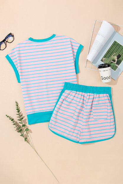 Colour Block Loose Fit Two Piece Shorts Set | Pink Stripe