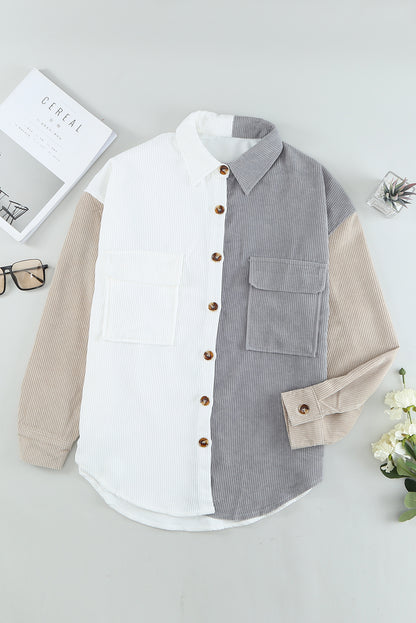 Colour Block Button Shirt With Pocket | White