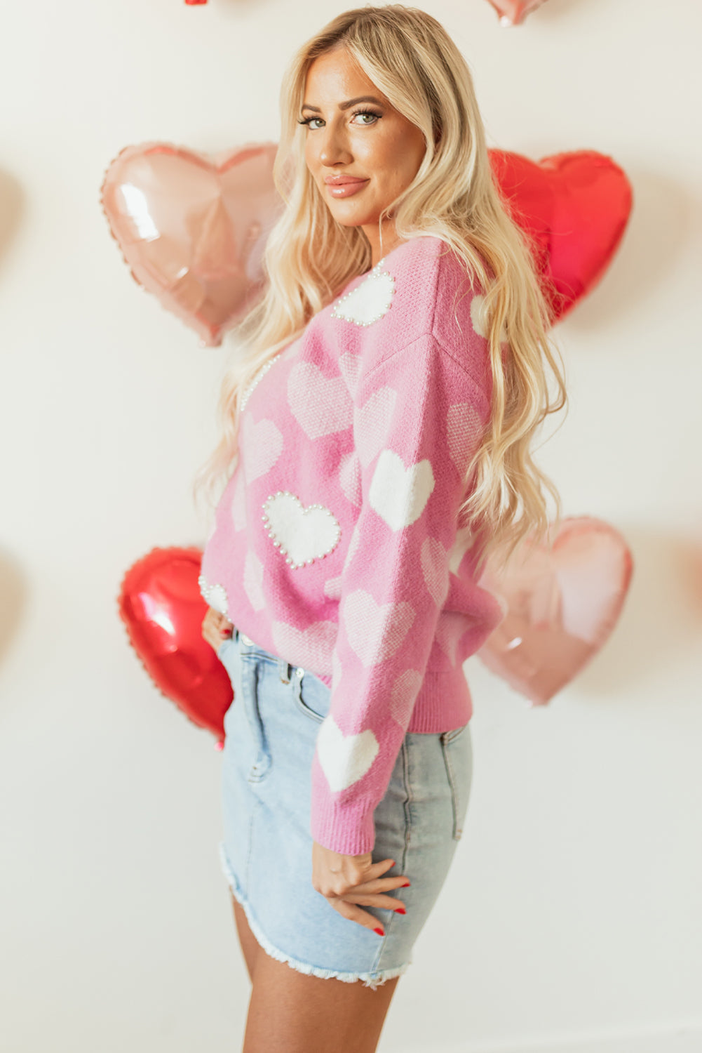 Pearled Heart Print Valentines Crew Neck Sweater | Pink