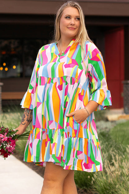 Plus Size Vibrant Abstract Print Tiered Ruffled Mini Dress | Multicolour