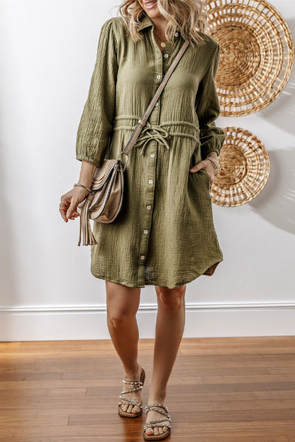 Textured Bracelet Sleeve Collared Button Up Dual Tied Mini Dress | Jungle Green