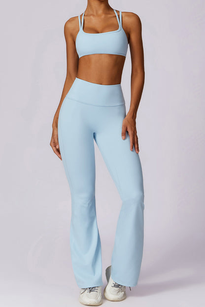 Solid Colour High Waist Active Sports Flare Pants | Mist Blue