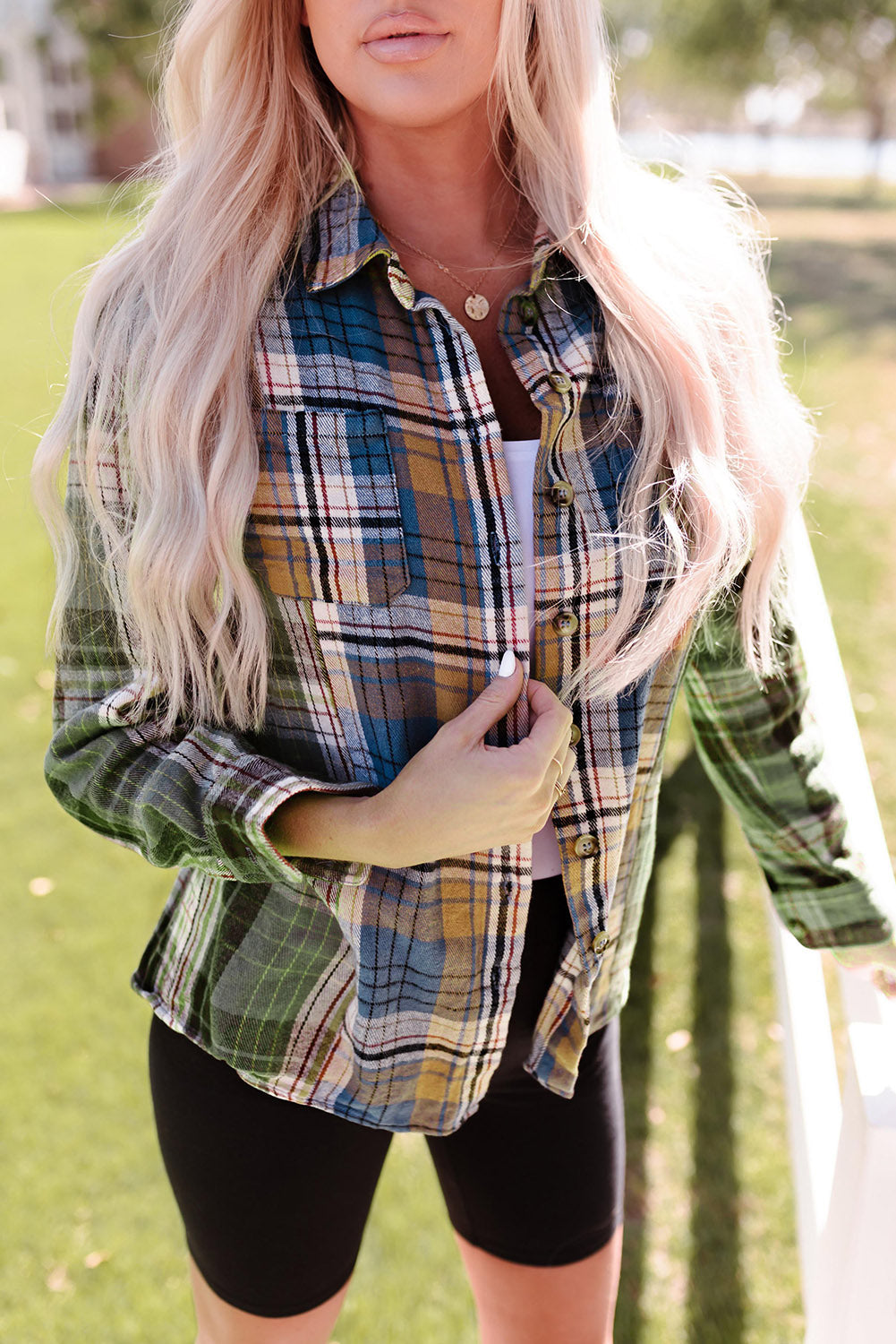 Chest Pockets Button Up Plaid Shacket | Green