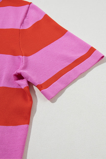 Colourblock Striped Knitted T Shirt | Bright Pink