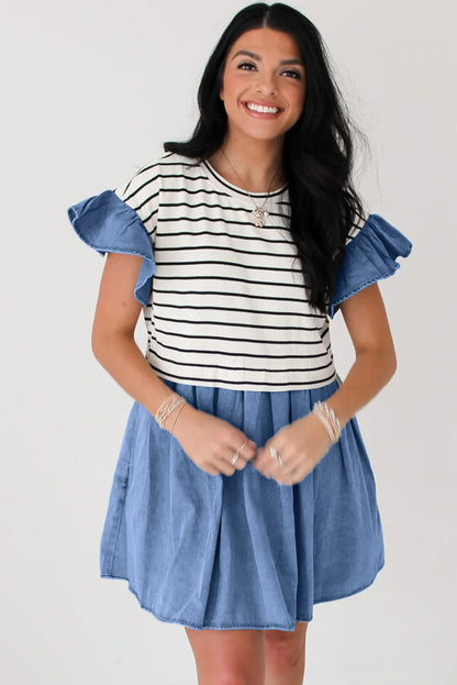 Ruffle Denim Patchwork Round Neck Mini Dress | Black Stripe