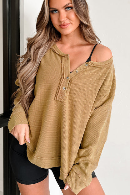 Textured Knit Half Button Drop Shoulder Oversized Top | Camel