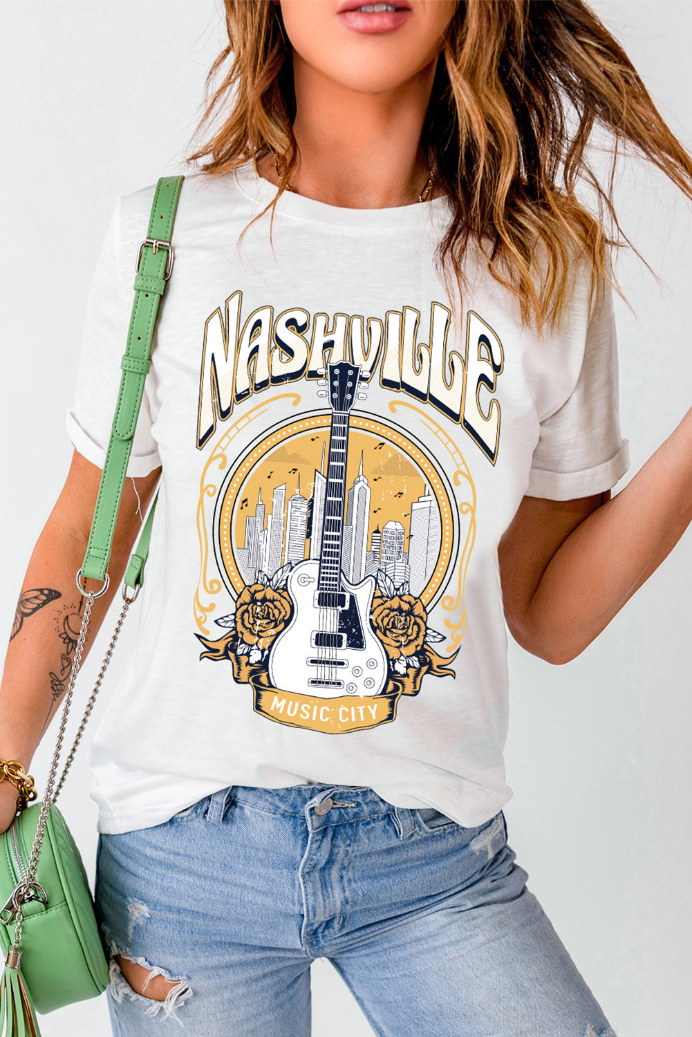 Music City Nashville Guitar Graphic T Shirt | White