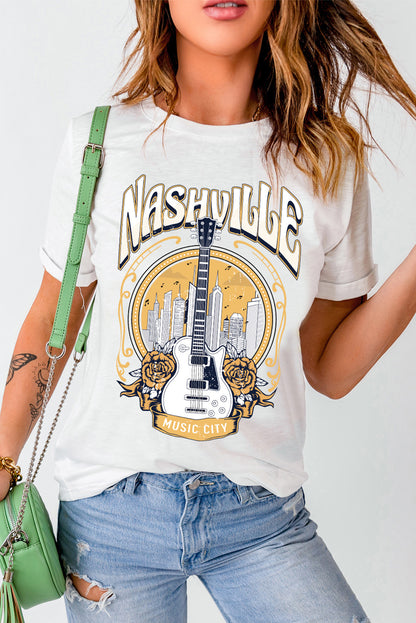 Music City Nashville Guitar Graphic T Shirt | White