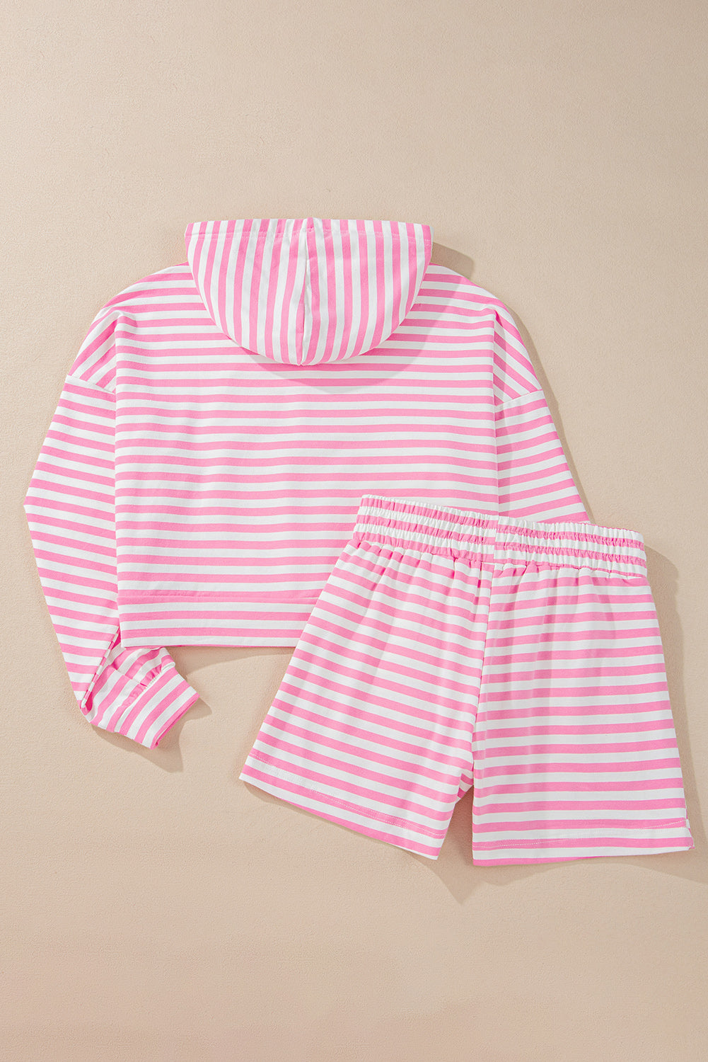 Kangaroo Pocket Hoodie And Wide Leg Shorts Set | Pink Stripe