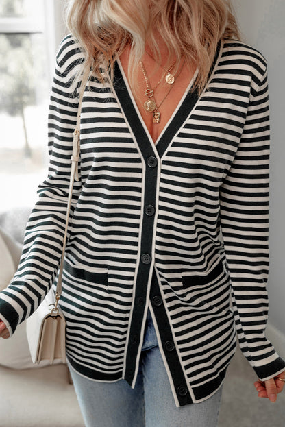 Long Sleeve Button Up Tunic Cardigan | Black Stripe