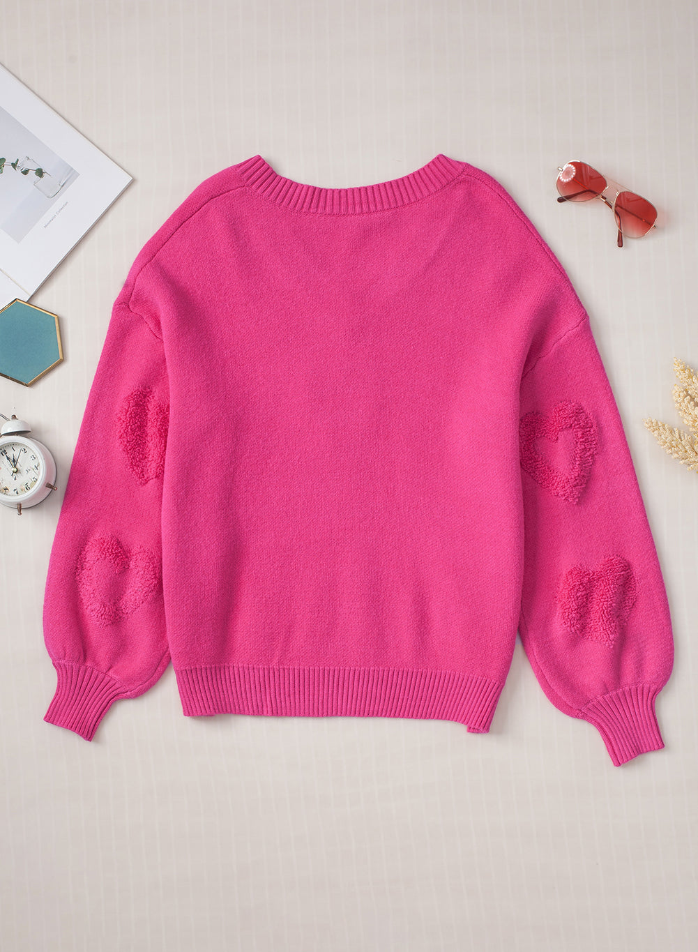 Pearl Embellished Fuzzy Hearts V Neck Sweater | Rose Red