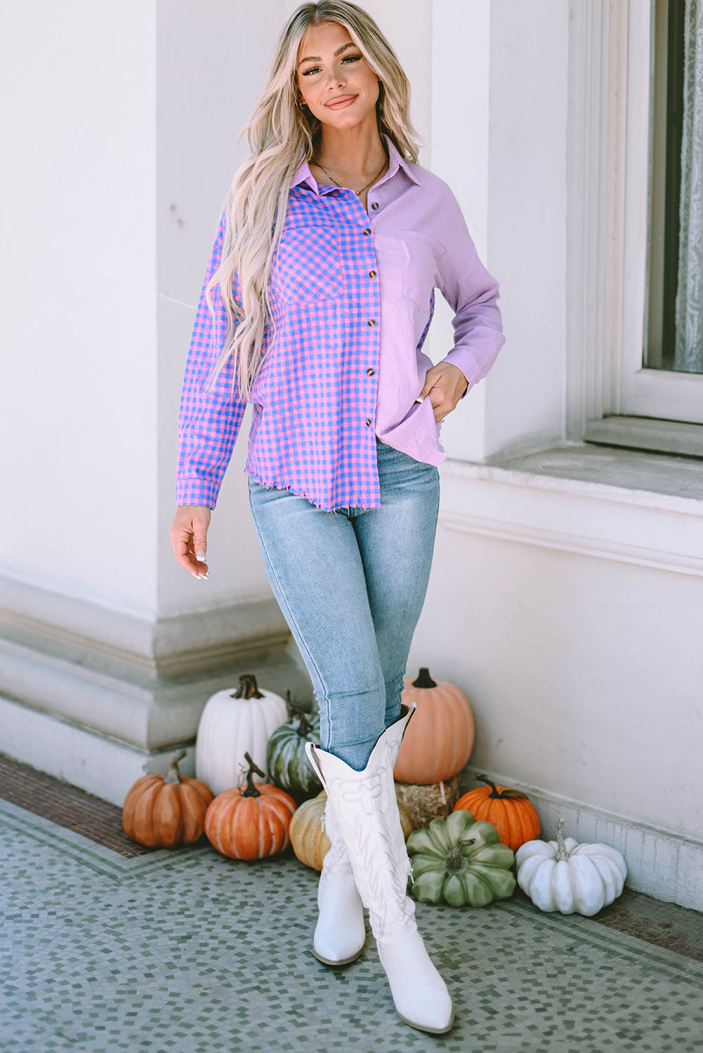 Mixed Plaid Button Down Long Sleeve Chest Pocket Shirt | Purple