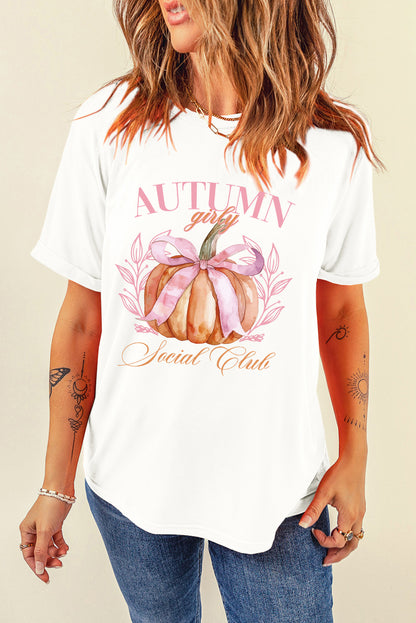 Autumn Girly Thanksgiving Bowknot Pumpkin Graphic T Shirt | White