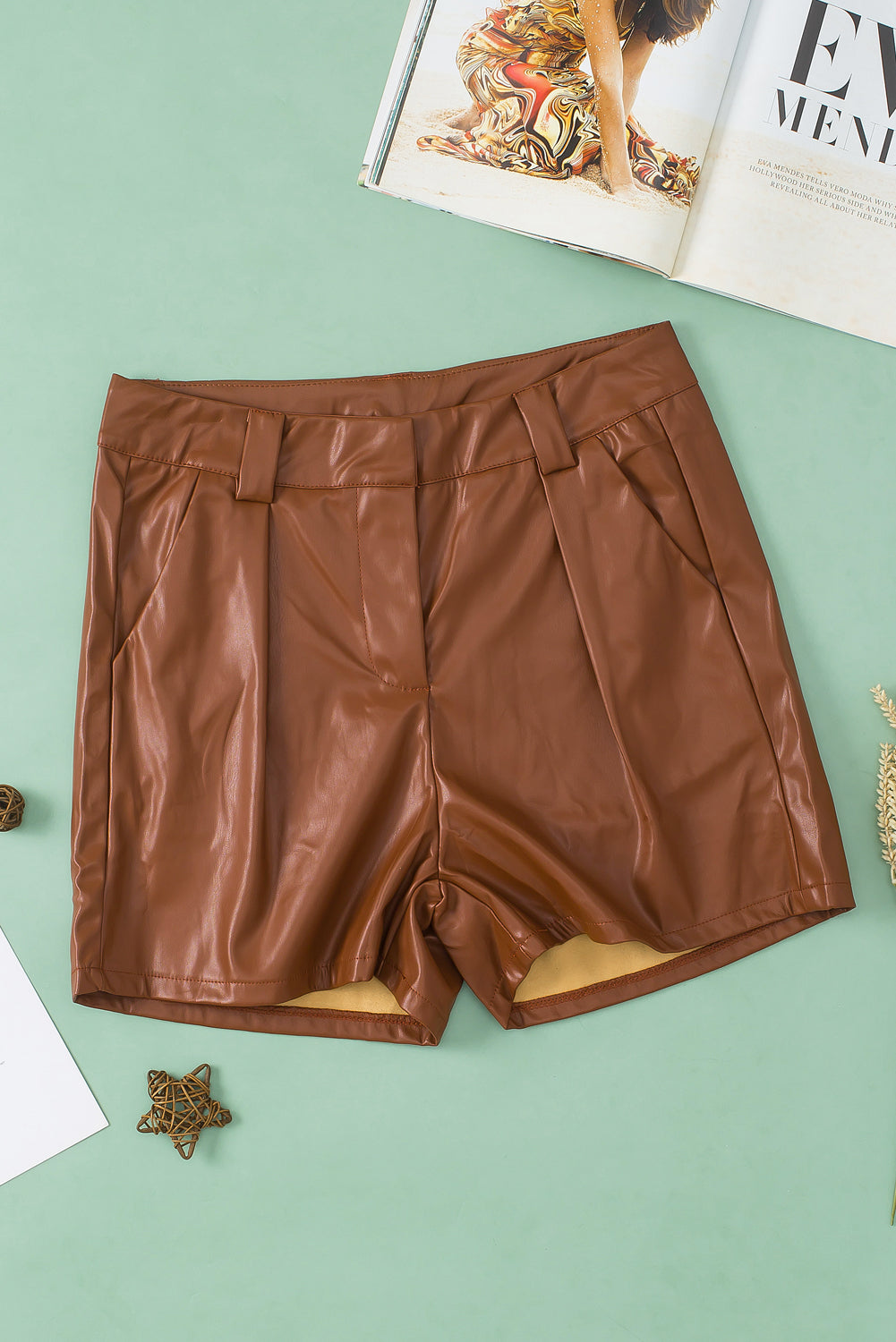 Faux Leather Pleated Casual Shorts | Brown