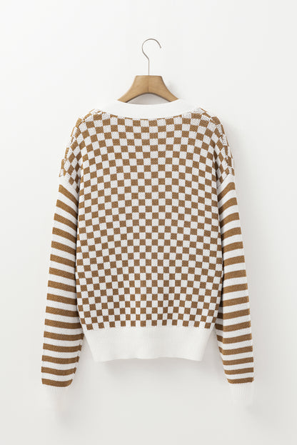 Checkered Striped Patched Buttoned V Neck Cardigan | Brown