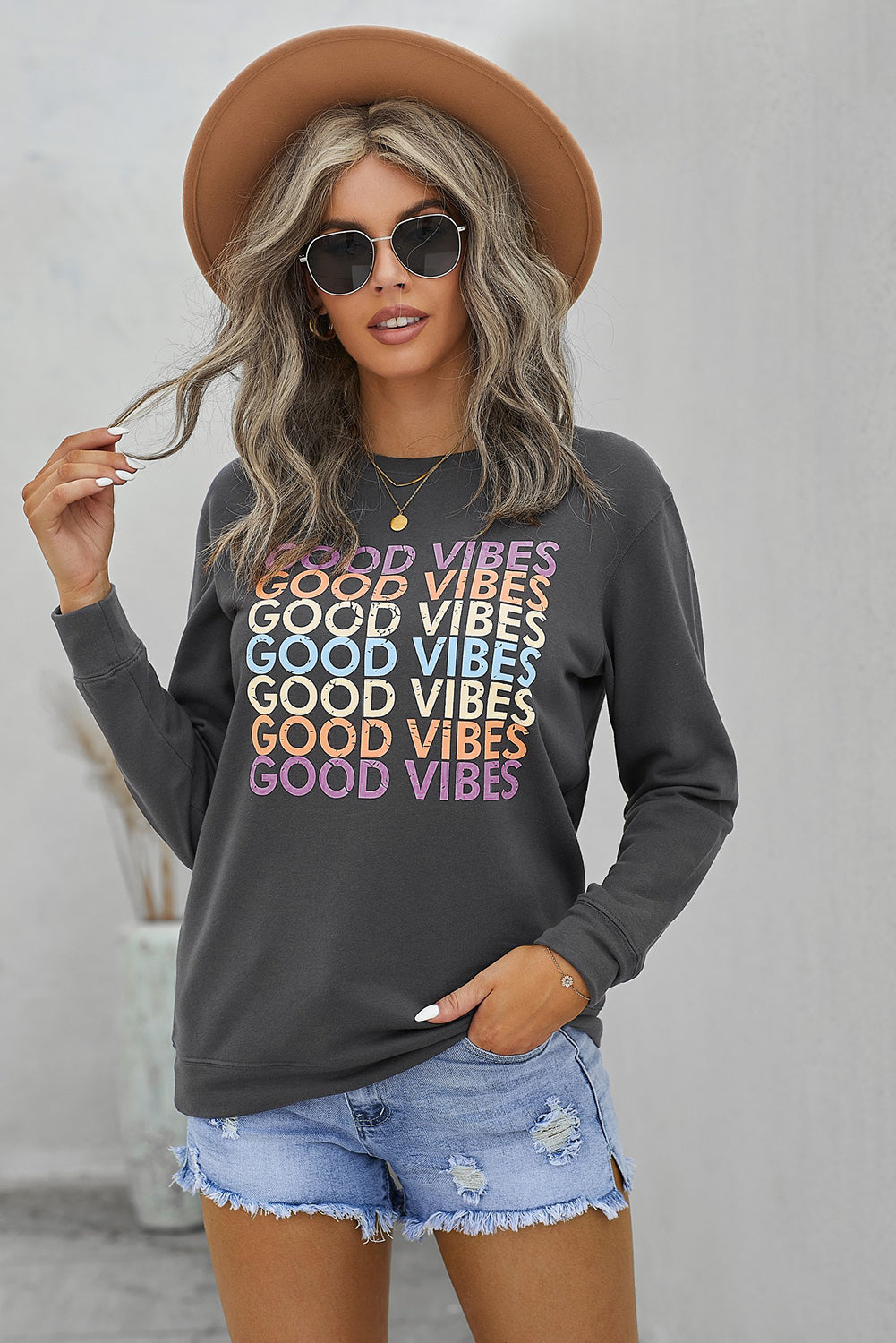 Good Vibes Graphic Pullover Sweatshirt | Gray