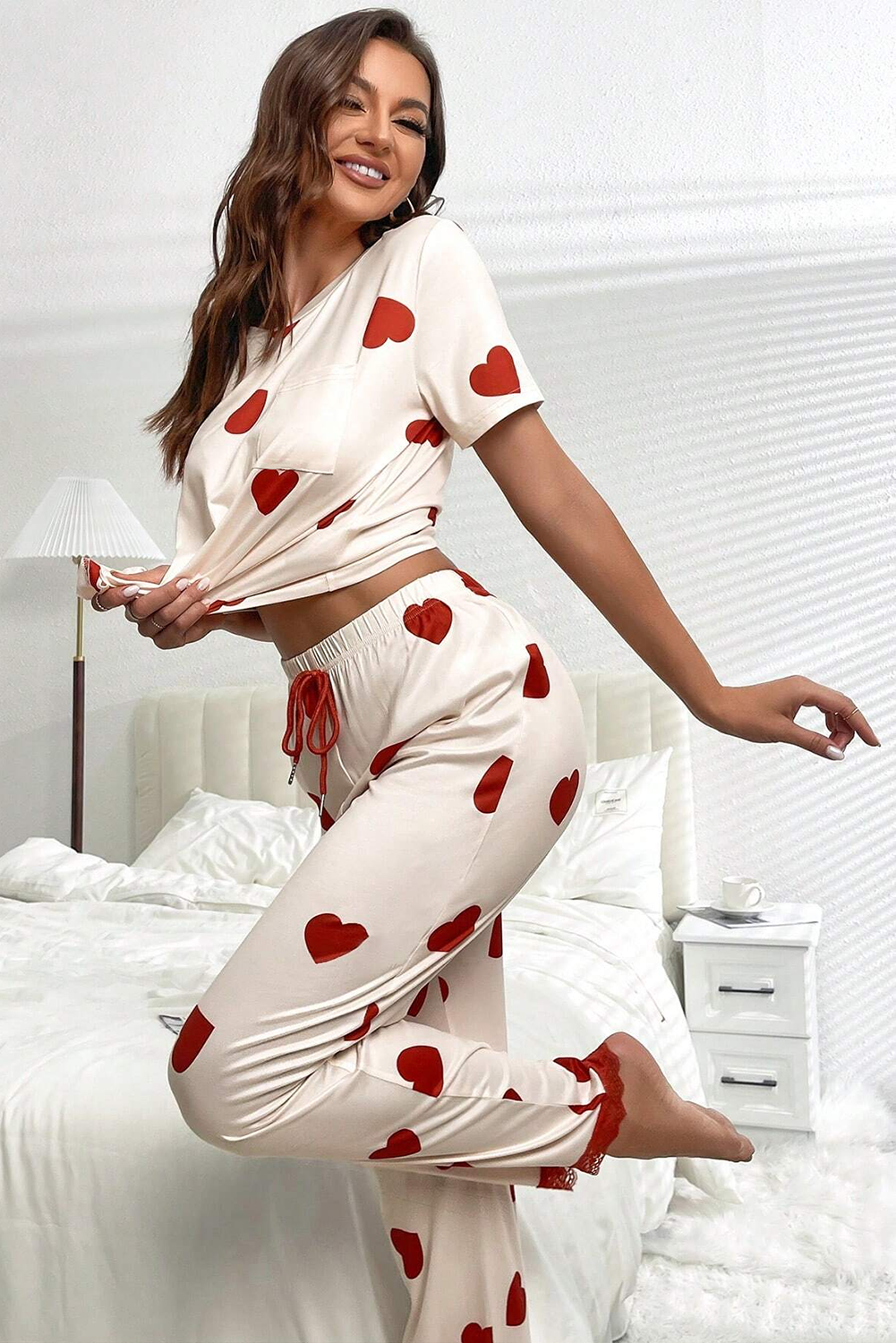 Valentines Heart Print Lace Hem Tee Pants Pajama Set | White