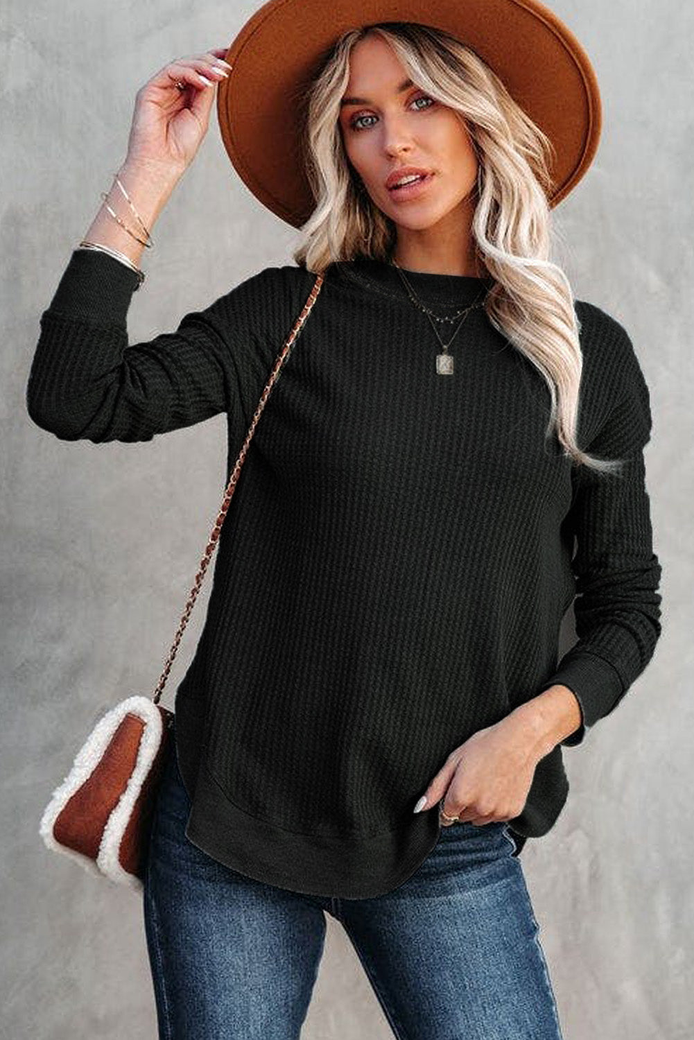 Crew Neck Ribbed Trim Waffle Knit Top | Black