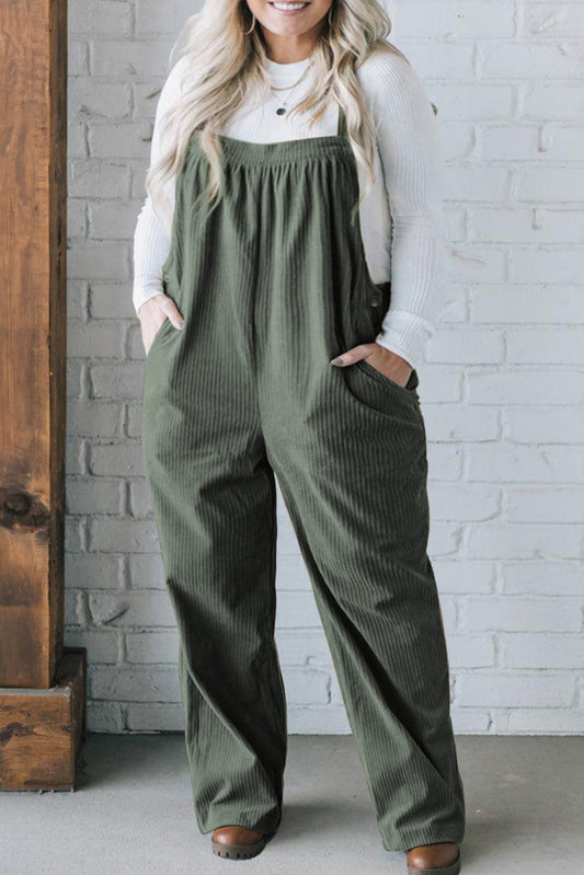 Jungle Green Plus Size Corduroy Pocketed Wide Leg Overall