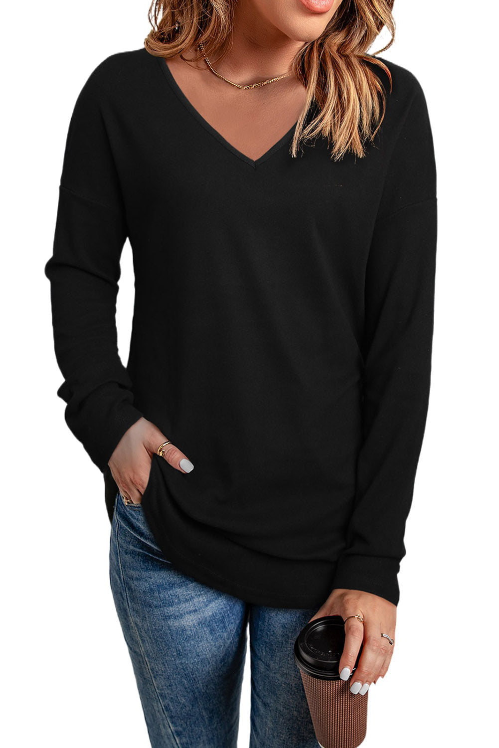 Solid Colour V Neck Long Sleeve Knit Top | Black