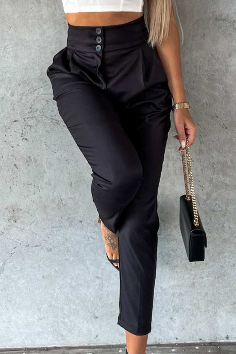 Button High Waist Tapered Pants | Black