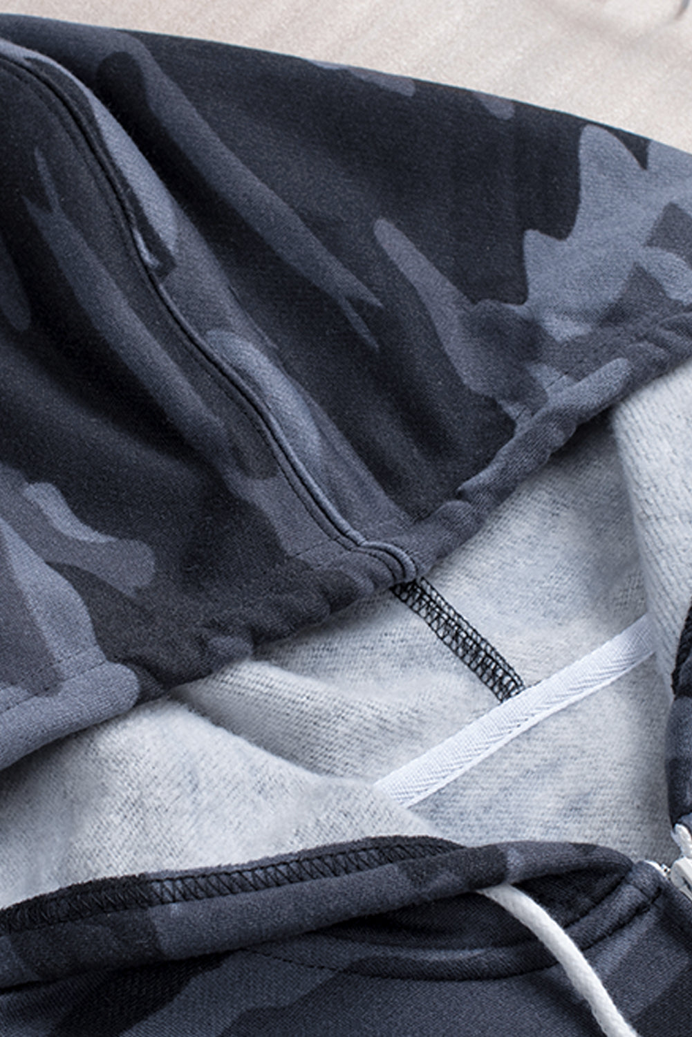 Camo Print Zip-Up Hooded Coat With Pockets | Black