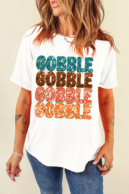 Heat Transfer Gobble Graphic Crewneck Thanksgiving T Shirt | White