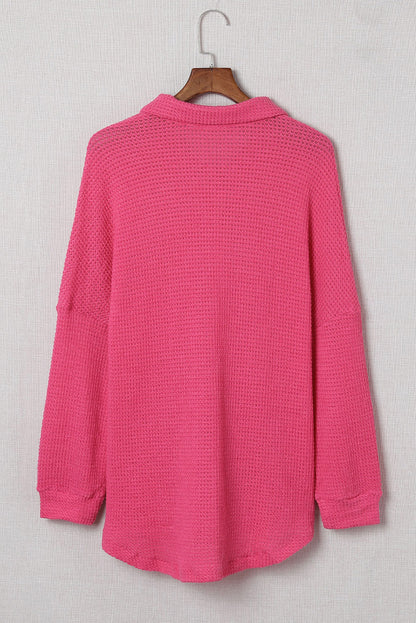 Waffle Knit Button Up Casual Shirt | Pink