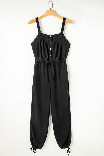 Knotted Straps Button Textured Drawstring Jumpsuit | Black