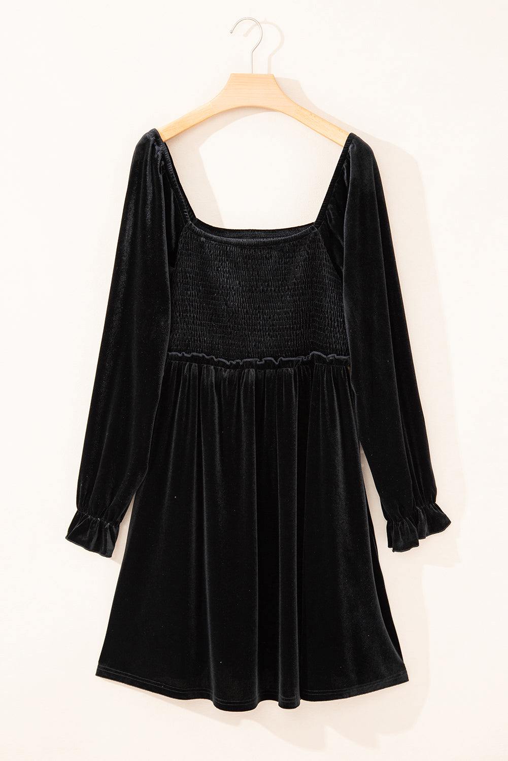 Velvet Flounce Sleeve Shirred Bodice Plus Babydoll Dress | Black