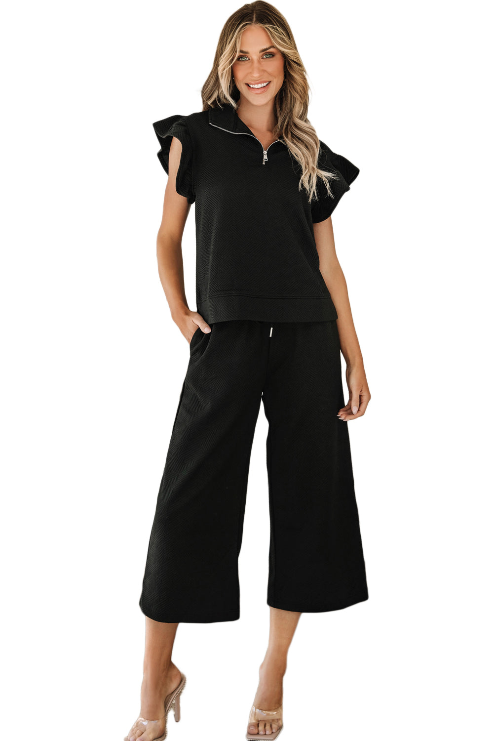 Textured Flutter Sleeve Top Wide Leg Pants Set | Black