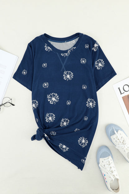 Dandelion Print Crew Neck T-Shirt | Blue