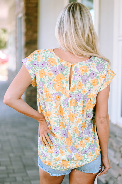 Floral Print Keyhole Back Short Sleeve Babydoll Blouse | Yellow