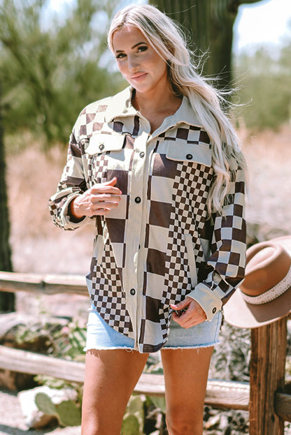 Checkered Print Patchwork Corduroy Shacket | Brown