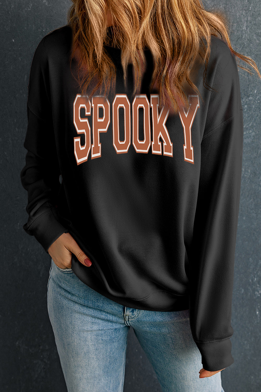 Spooky Graphic Drop Shoulder Halloween Pullover Sweatshirt | Black