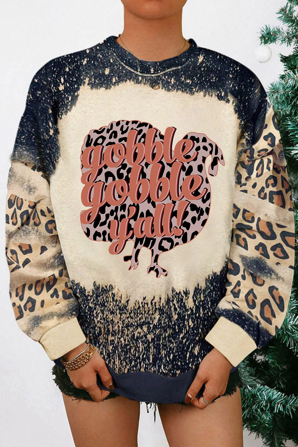 Gobble Gobble Yall Bleached Leopard Pullover Sweatshirt | Black