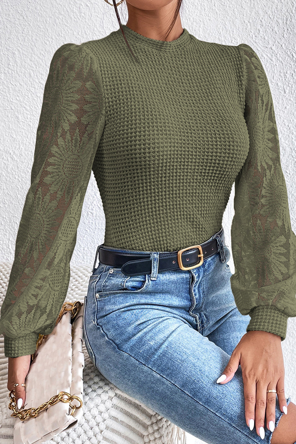 Sunflower Mesh Bubble Sleeve Waffle Knit Top | Jungle Green