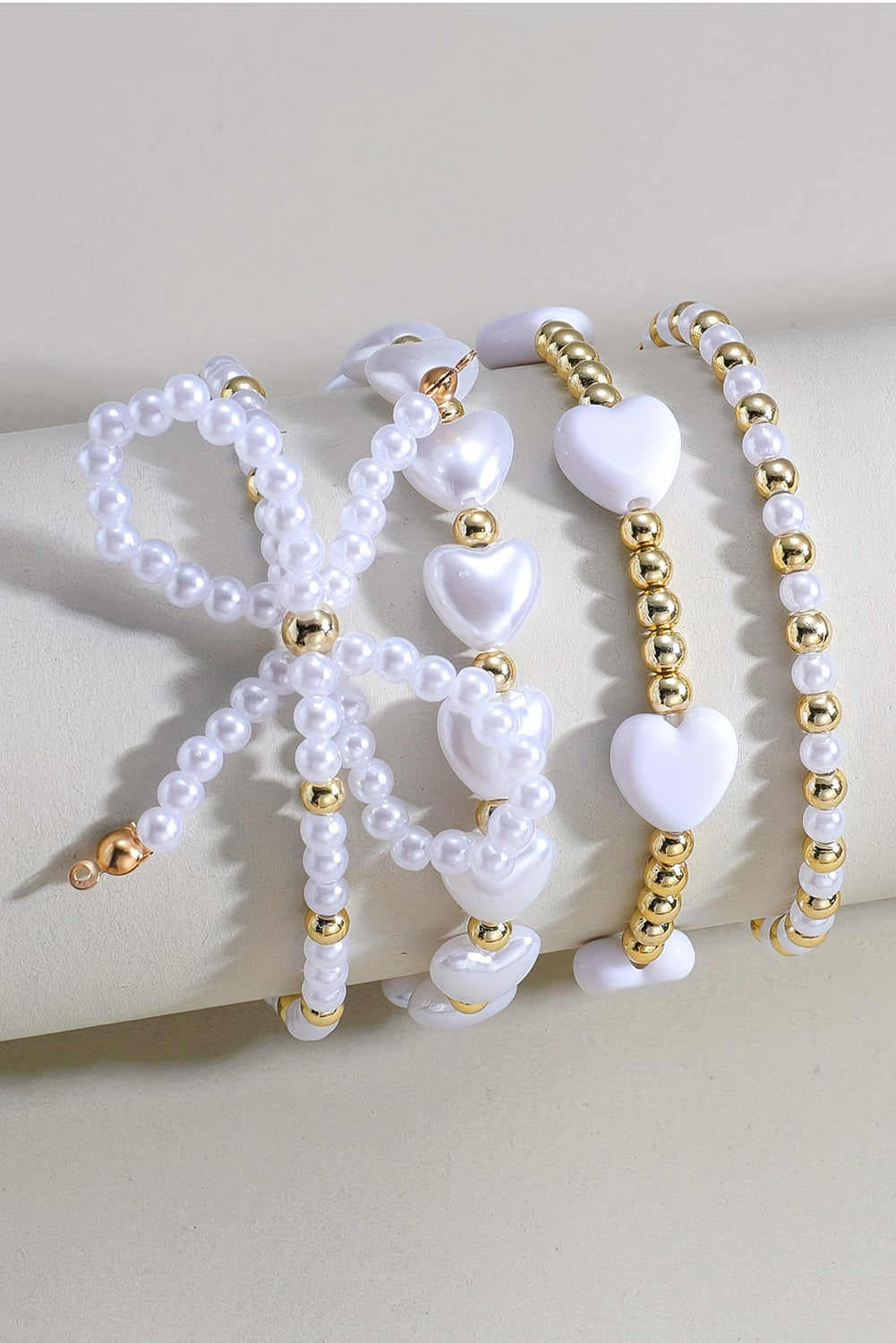 Bow Knot Heart Shape Faux Pearl Beaded Bracelet Set | White