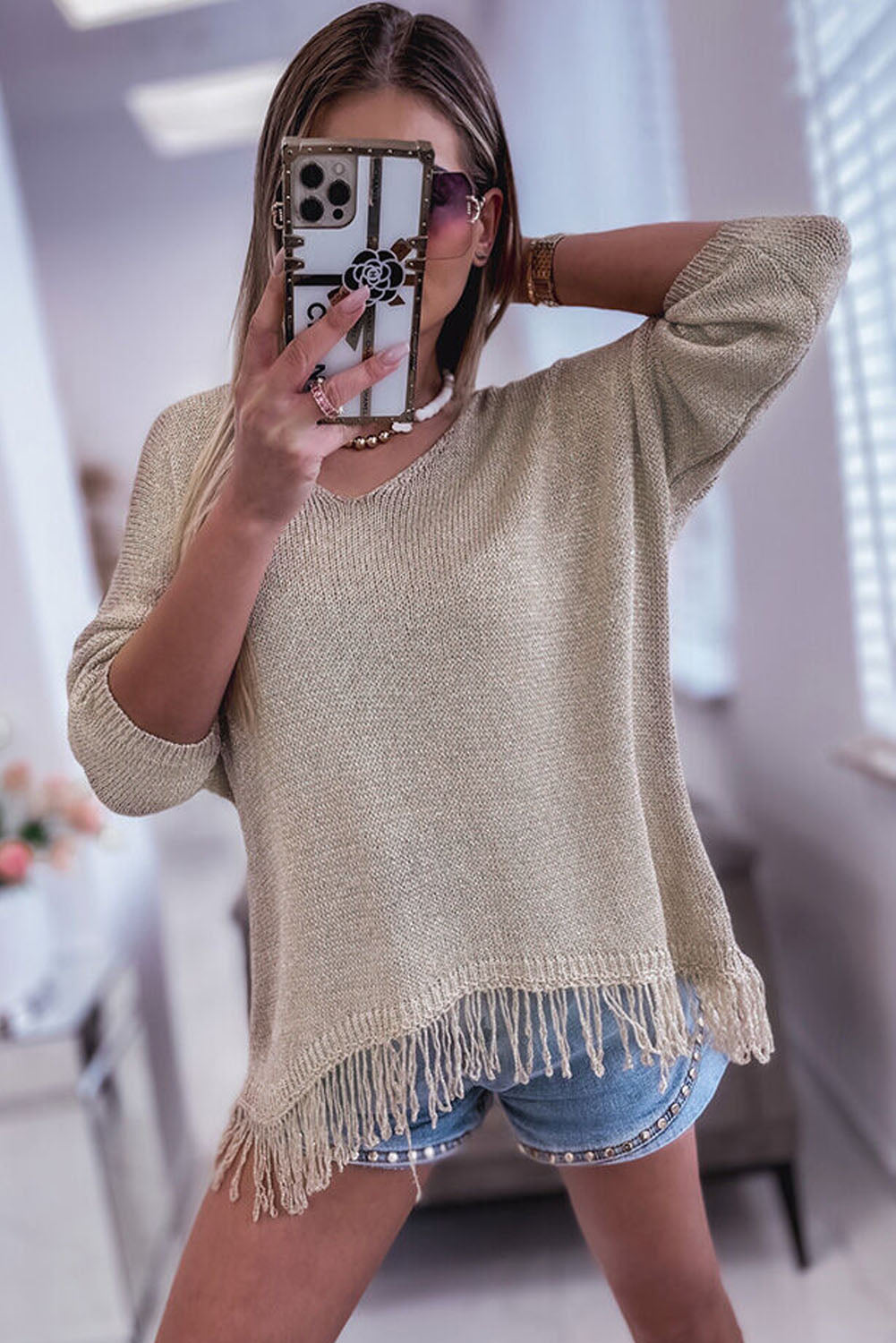 Lightweight Knit Fringe Hem Loose Sweater | Khaki