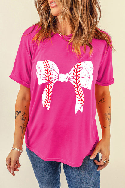 Baseball Bowknot Graphic Casual Tee | Rose Red