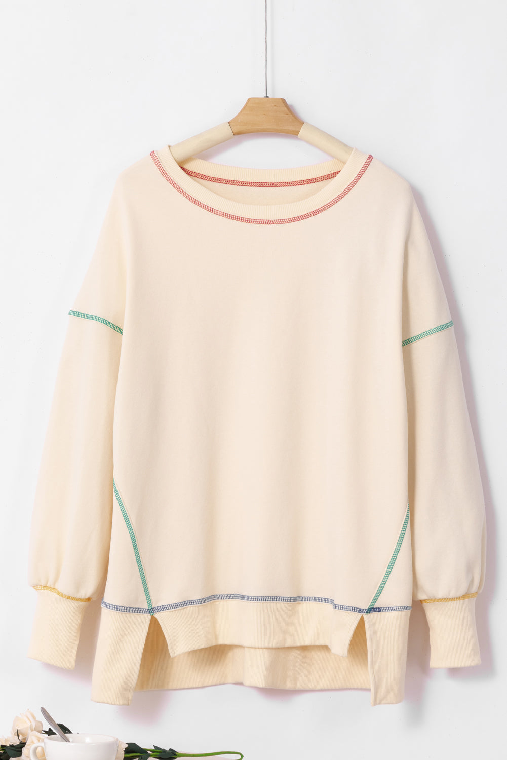 Contrast Stitching Split Baggy Sweatshirt | White