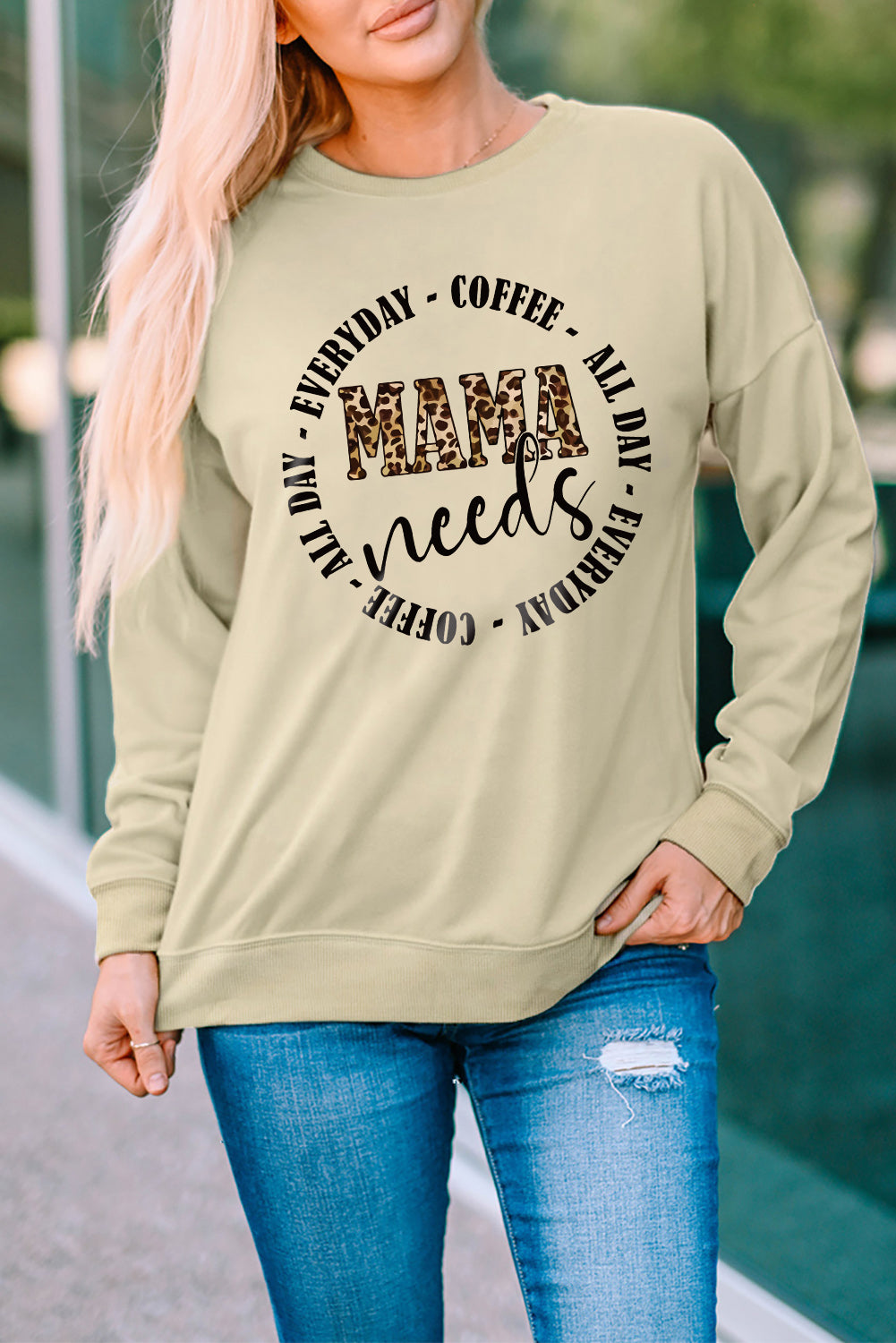 Mama Needs All Day Everyday Letters Graphic Sweatshirt | Khaki