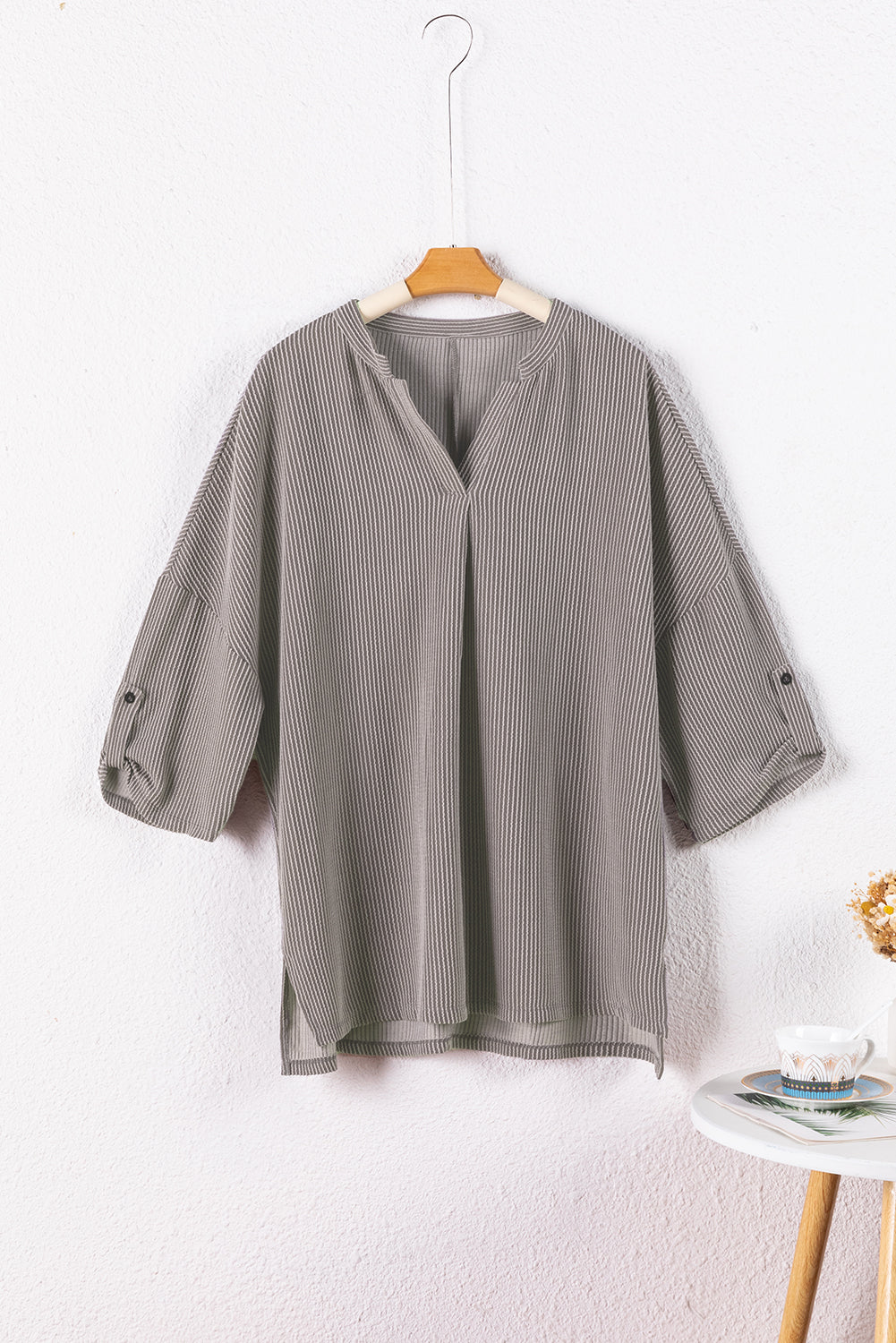 Ribbed Roll-Tab Sleeve Oversize Top | Philippine Gray