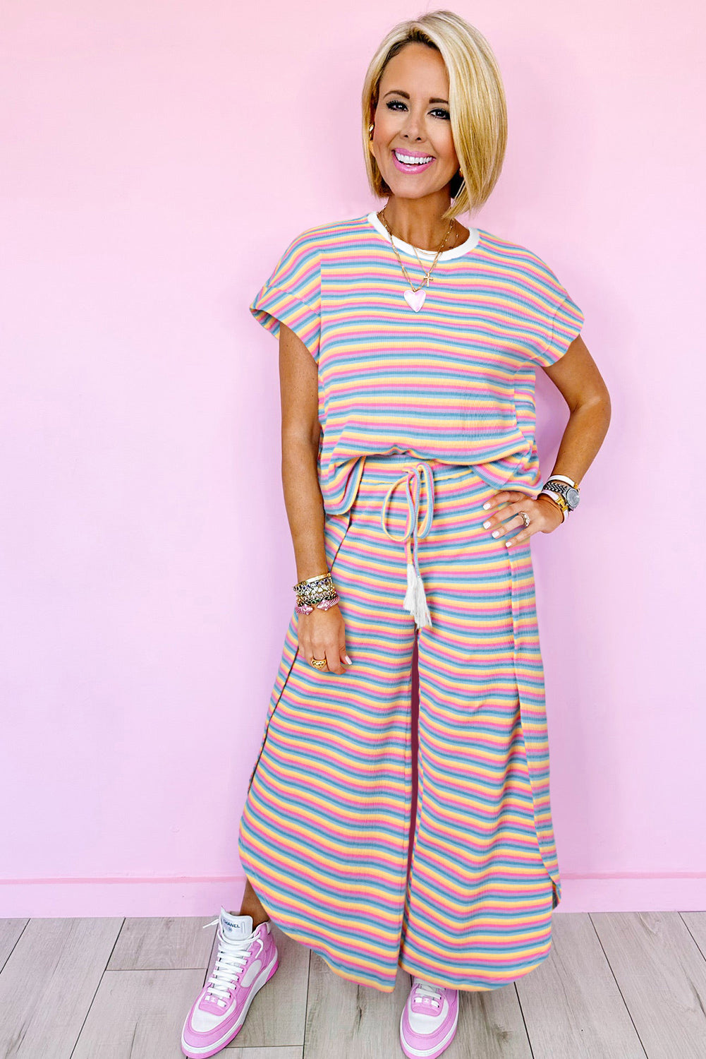 Rainbow Tee Tasseled String Wide Leg Pants Set | Pink Stripe