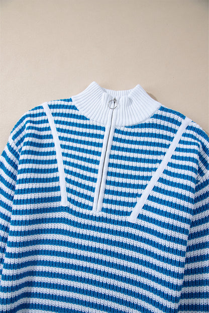 Zip Up Collar Drop Shoulder Sweater | Sky Blue Stripe