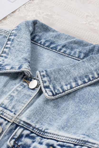 Lapel Distressed Raw Hem Buttons Denim Jacket | Sky Blue