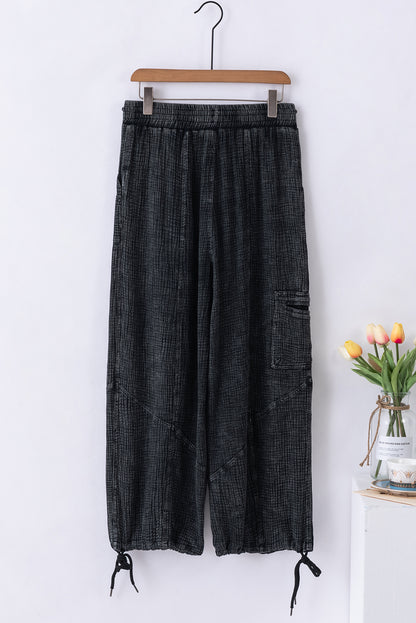 Mineral Wash Textured Drawstring Wide Leg Pants | Black