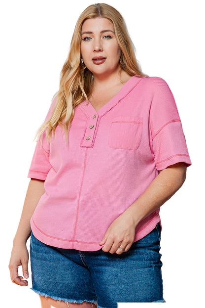 Plus Size Waffle Knit Exposed Seam V Neck Henley T-Shirt | Pink