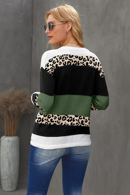 Crewneck Leopard Colour Block Knit Pullover Sweater | Green