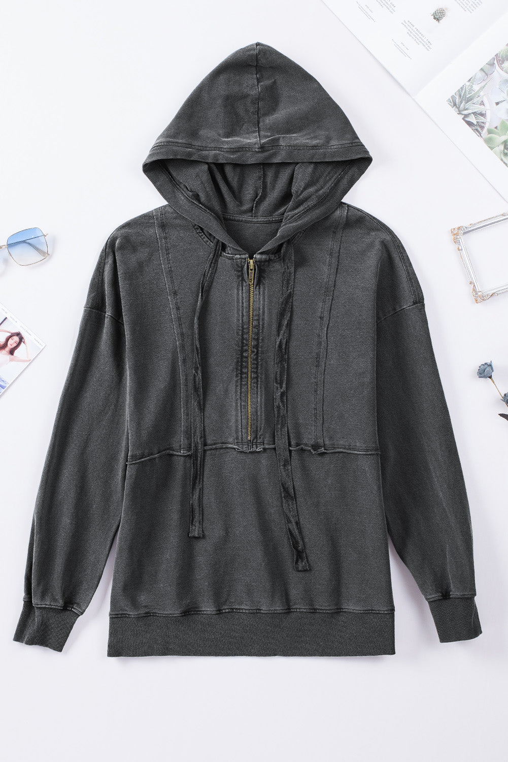 Zipped Front Stitching Hooded Sweatshirt | Gray